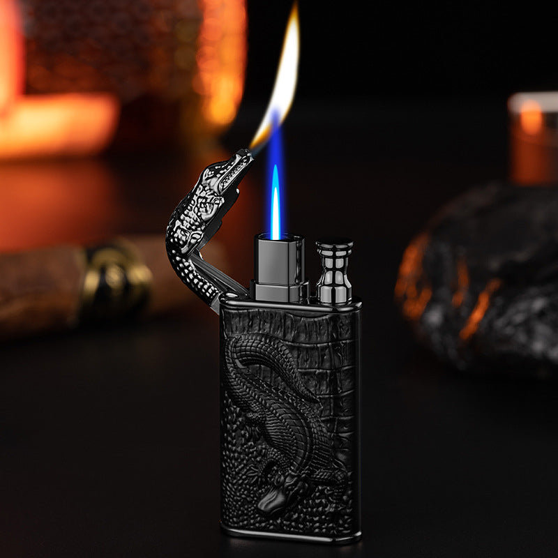 FY-Roxia Crocflame H013 Dual Flame Lighter - Black Windproof Metal Torch for Kitchen, Candles, and Outdoor Survival - Stylish Gift