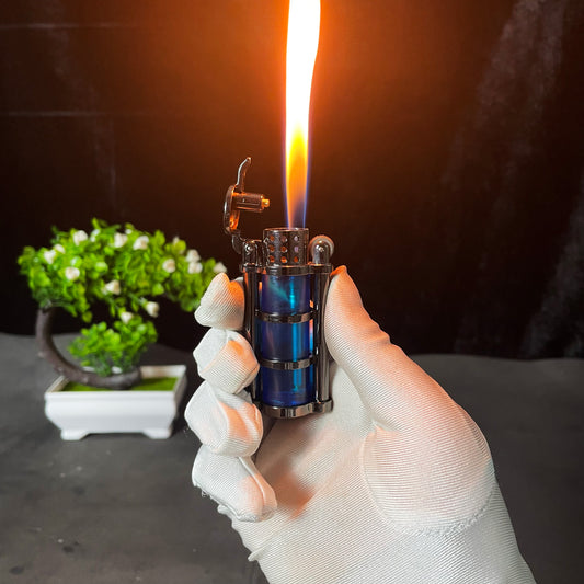 FY-Roxia Special-Shaped Lighter - Windproof Metal Torch Lighter for Kitchen & Outdoor Use, Cool Blue with Transparent Gas Chamber, Perfect Gift