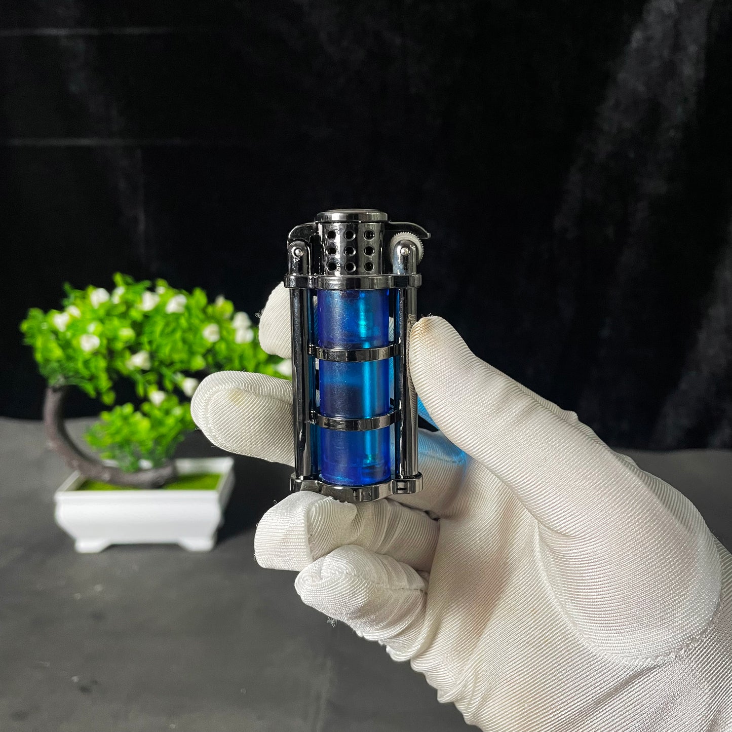 FY-Roxia Special-Shaped Lighter - Windproof Metal Torch Lighter for Kitchen & Outdoor Use, Cool Blue with Transparent Gas Chamber, Perfect Gift